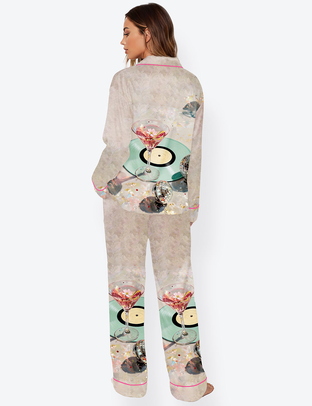 Women’s  Martini & Disco Ball Whisky Champagne Wine Lover Long Sleeve Satin Pajama Set