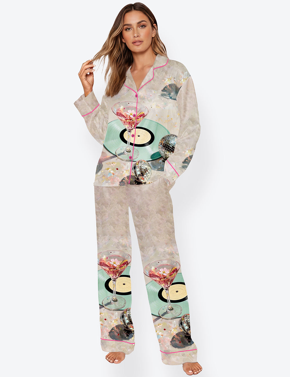 Women’s  Martini & Disco Ball Whisky Champagne Wine Lover Long Sleeve Satin Pajama Set