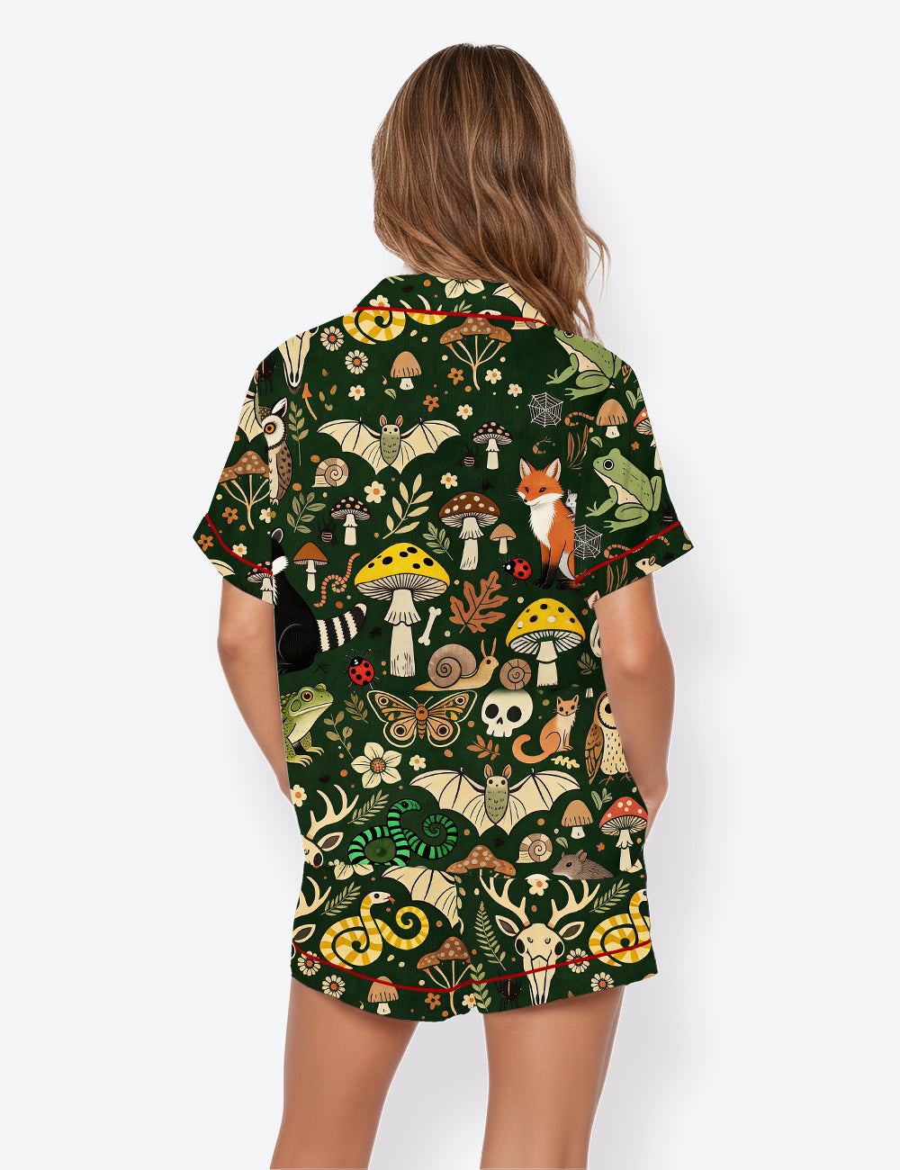 Women’s Wild Feral Goblincore Cute Skeleton Moss & Raccoon Mushrooms Foxes Nature Lover Short Sleeve Satin Pajama Set