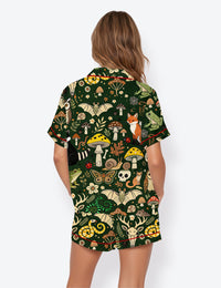 Women’s Wild Feral Goblincore Cute Skeleton Moss & Raccoon Mushrooms Foxes Nature Lover Short Sleeve Satin Pajama Set