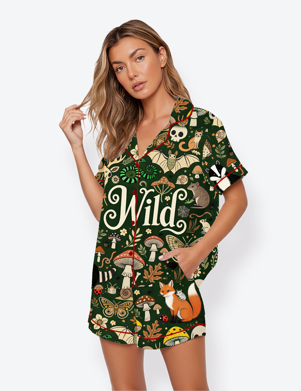 Women’s Wild Feral Goblincore Cute Skeleton Moss & Raccoon Mushrooms Foxes Nature Lover Short Sleeve Satin Pajama Set
