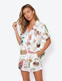 Women’s Watercolor Palm Club Summer Miami Beach Vacation Short Sleeve Satin Pajama Set