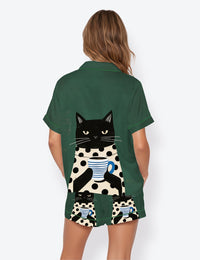 Women’s Minimalist Black Cat Coffee Short Sleeve Satin Pajama Set