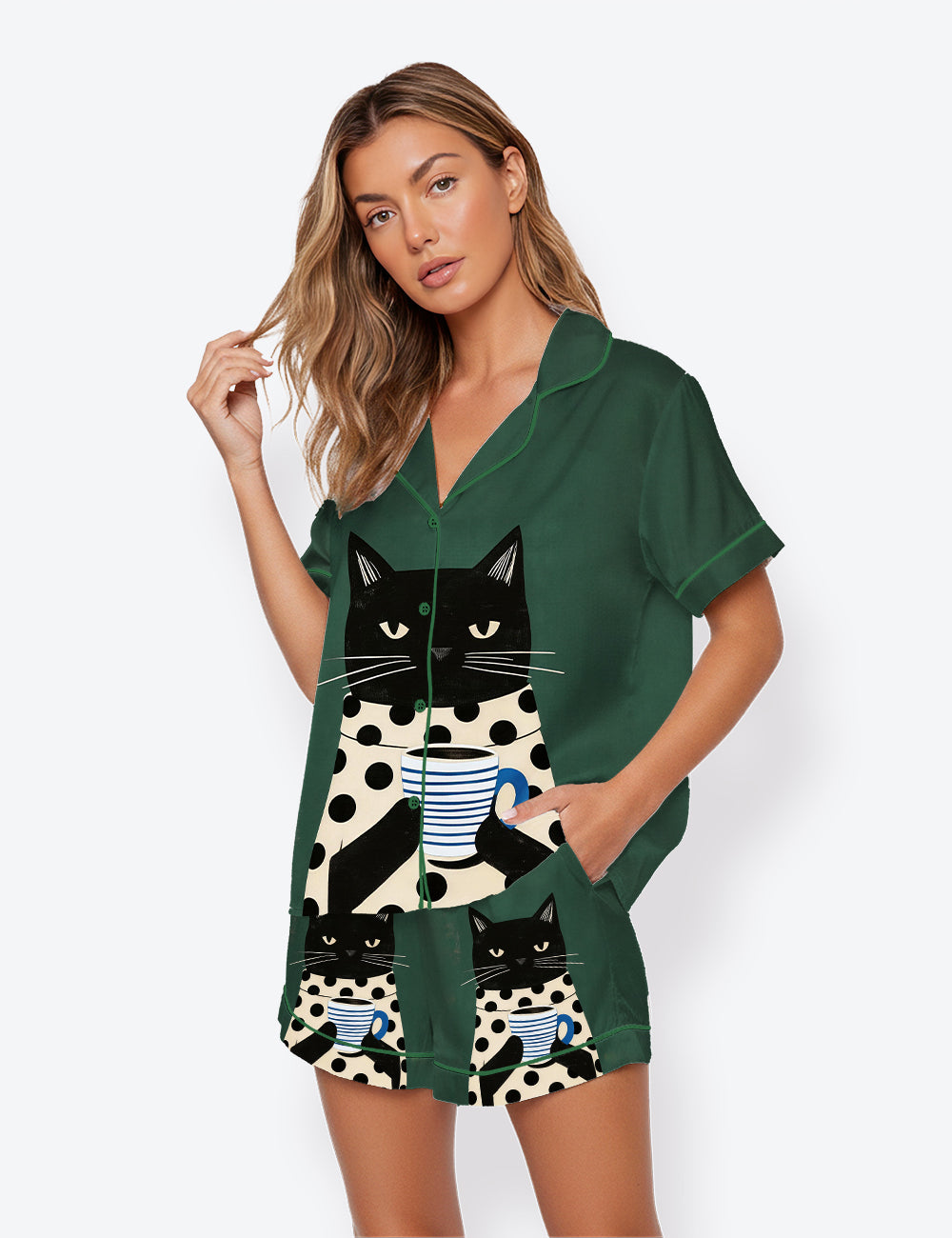 Women’s Minimalist Black Cat Coffee Short Sleeve Satin Pajama Set