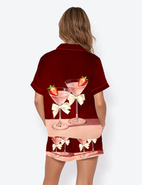 Women’s Espresso Martini Cocktail White Bows And Strawberry Whimsical Paris Short Sleeve Satin Pajama Set