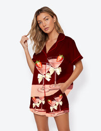 Women’s Espresso Martini Cocktail White Bows And Strawberry Whimsical Paris Short Sleeve Satin Pajama Set