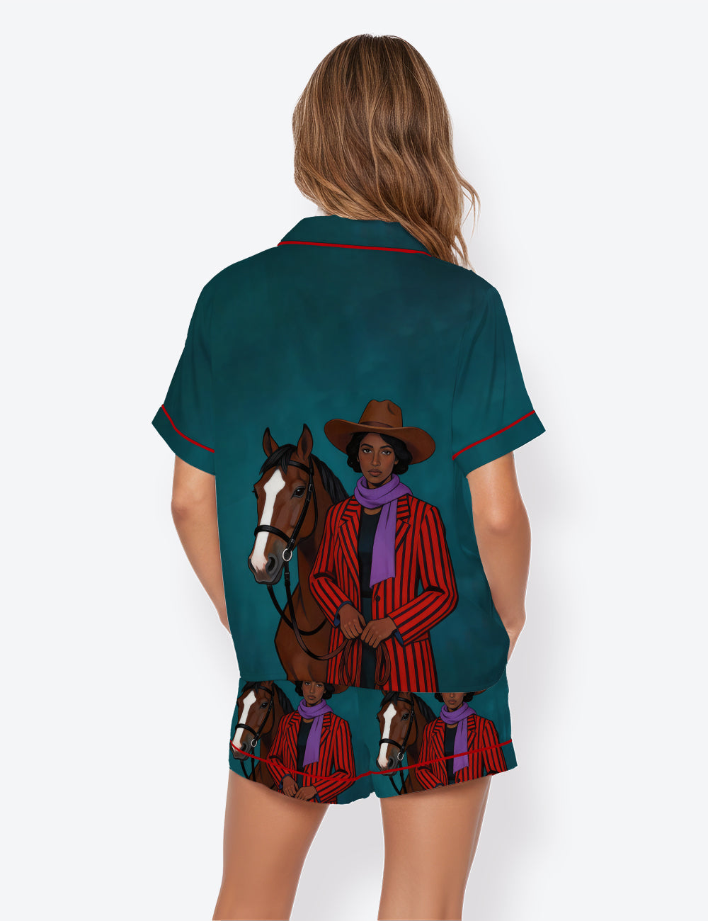 Women’s Cowgirl And Horse Abstract Western Short Sleeve Satin Pajama Set
