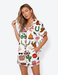Women’s Western Cowgirl Bachelorette Hand-Drawn Wild West Disco Short Sleeve Satin Pajama Set