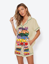 Women’s Colorful Mid-Century Cat Whimsical Floral Cats Short Sleeve Satin Pajama Set