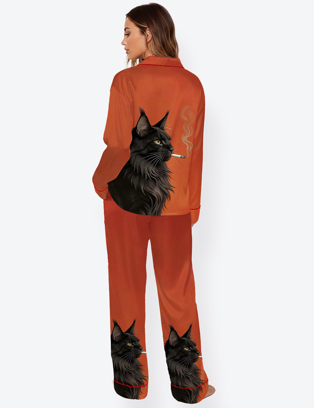 Women’s Vintage Maine Coon Black Cat Smoking Cat Long Sleeve Satin Pajama Set