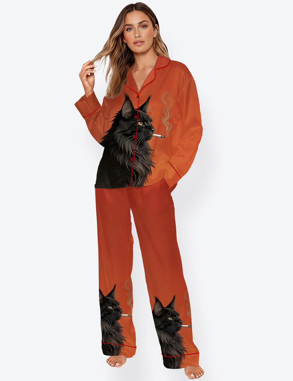Women’s Vintage Maine Coon Black Cat Smoking Cat Long Sleeve Satin Pajama Set