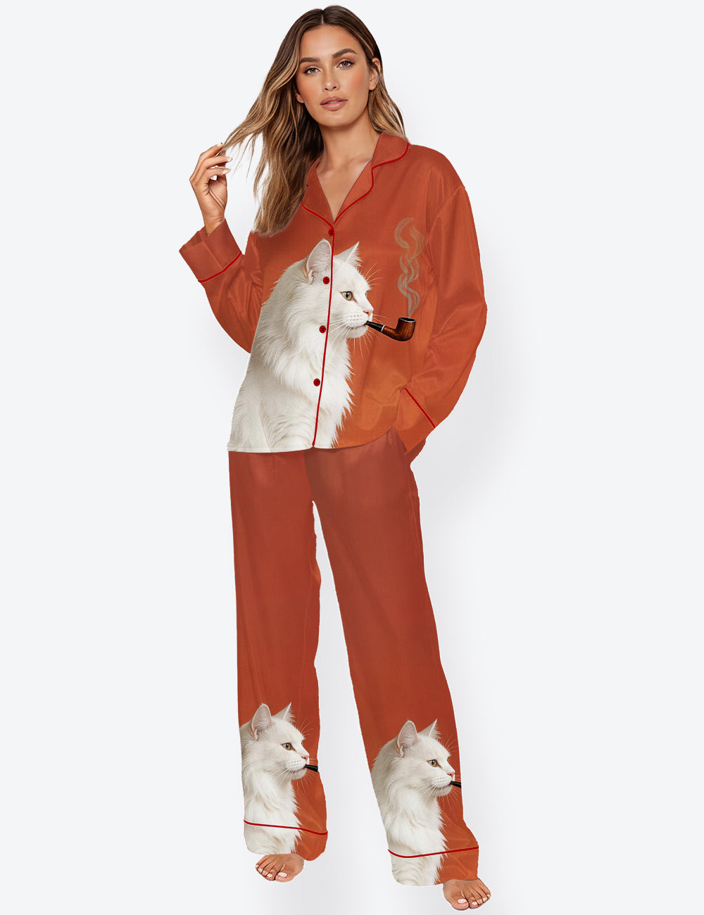 Women’s Vintage White Cat Smoking Cat Long Sleeve Satin Pajama Set