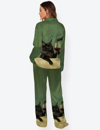 Women’s Black Maine Coon Cat With Wine Glass Long Sleeve Satin Pajama Set
