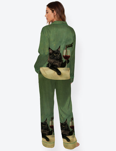 Women’s Black Maine Coon Cat With Wine Glass Long Sleeve Satin Pajama Set