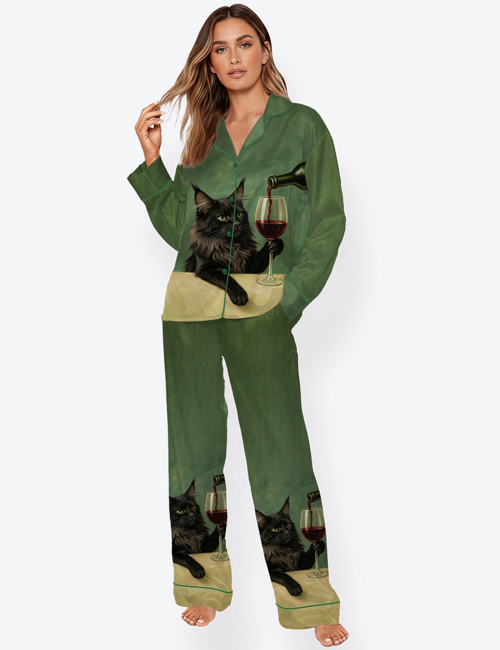Women’s Black Maine Coon Cat With Wine Glass Long Sleeve Satin Pajama Set