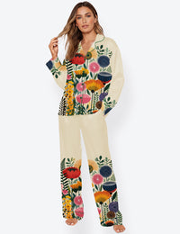 Women’s Colorful Botanical Modern Floral Long Sleeve Satin Pajama Set