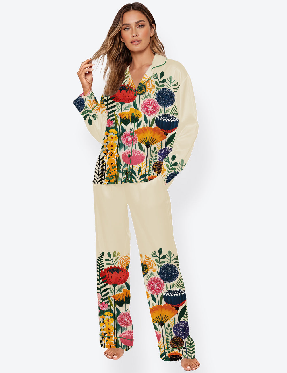 Women’s Colorful Botanical Modern Floral Long Sleeve Satin Pajama Set