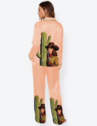 Women’s Retro Cowgirl Sharp Shooter With Cactus Long Sleeve Satin Pajama Set