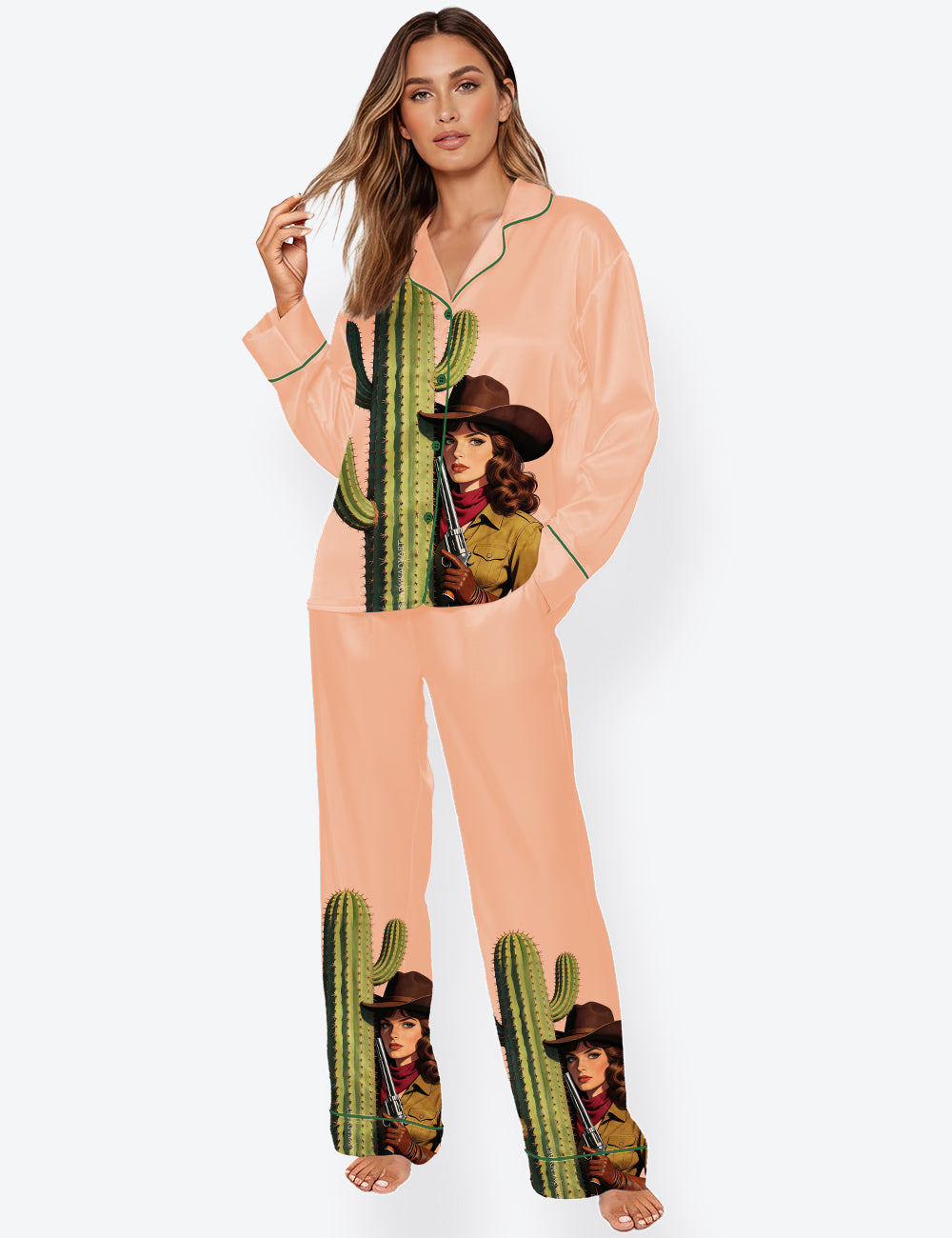 Women’s Retro Cowgirl Sharp Shooter With Cactus Long Sleeve Satin Pajama Set