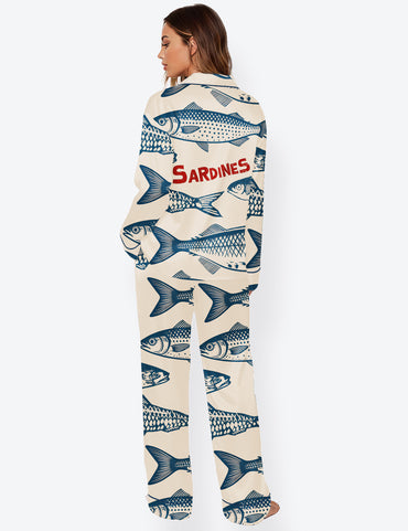 Women’s Sardines Retro Fish Long Sleeve Satin Pajama Set