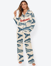 Women’s Sardines Retro Fish Long Sleeve Satin Pajama Set