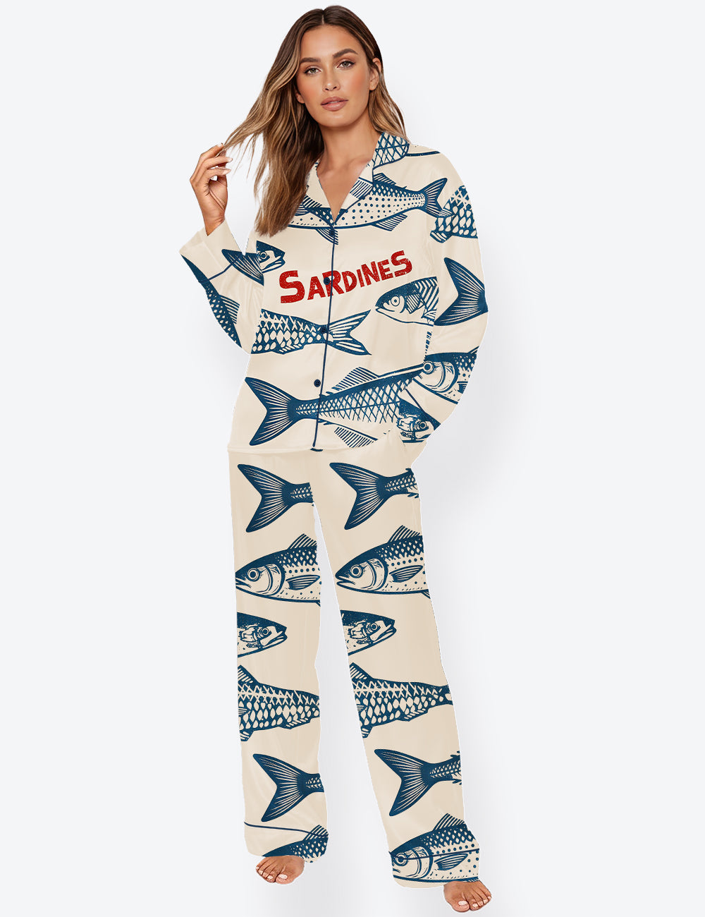 Women’s Sardines Retro Fish Long Sleeve Satin Pajama Set