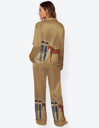 Women’s Cowboy Abstract Figurative Horse Contemporary Japandi Western Long Sleeve Satin Pajama Set