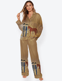 Women’s Cowboy Abstract Figurative Horse Contemporary Japandi Western Long Sleeve Satin Pajama Set