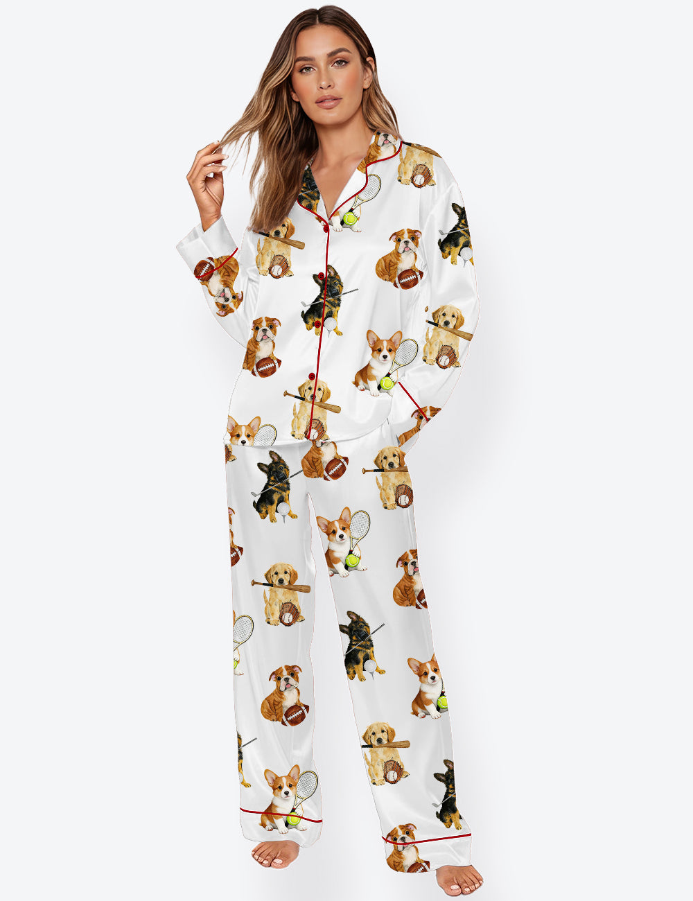 Women’s Puppy Sports Dog Long Sleeve Satin Pajama Set