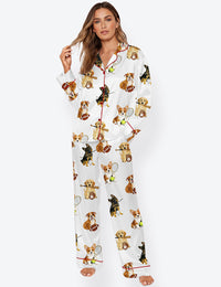 Women’s Puppy Sports Dog Long Sleeve Satin Pajama Set