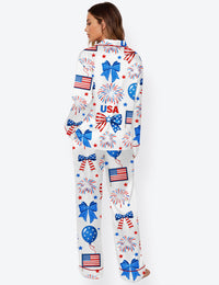 Women’s 4th Of July Bow Red And White Blue 250th Anniversary Long Sleeve Satin Pajama Set