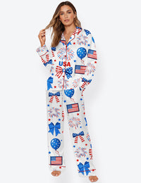 Women’s 4th Of July Bow Red And White Blue 250th Anniversary Long Sleeve Satin Pajama Set