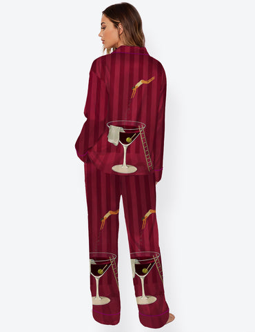 Women’s Martini Diver Modern Cocktail Whisky Red Stripe Long Sleeve Satin Pajama Set