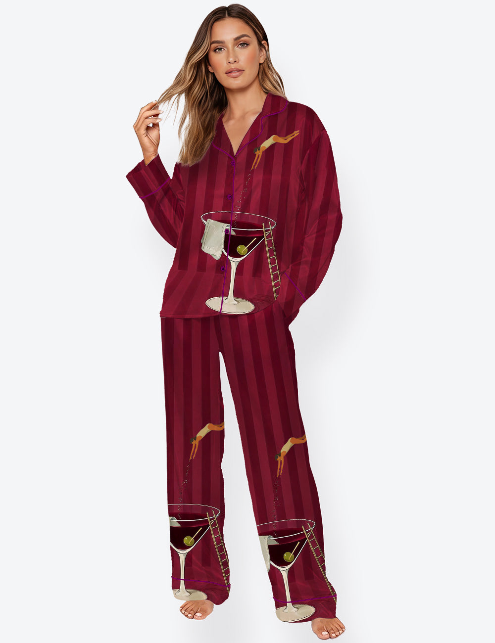 Women’s Martini Diver Modern Cocktail Whisky Red Stripe Long Sleeve Satin Pajama Set