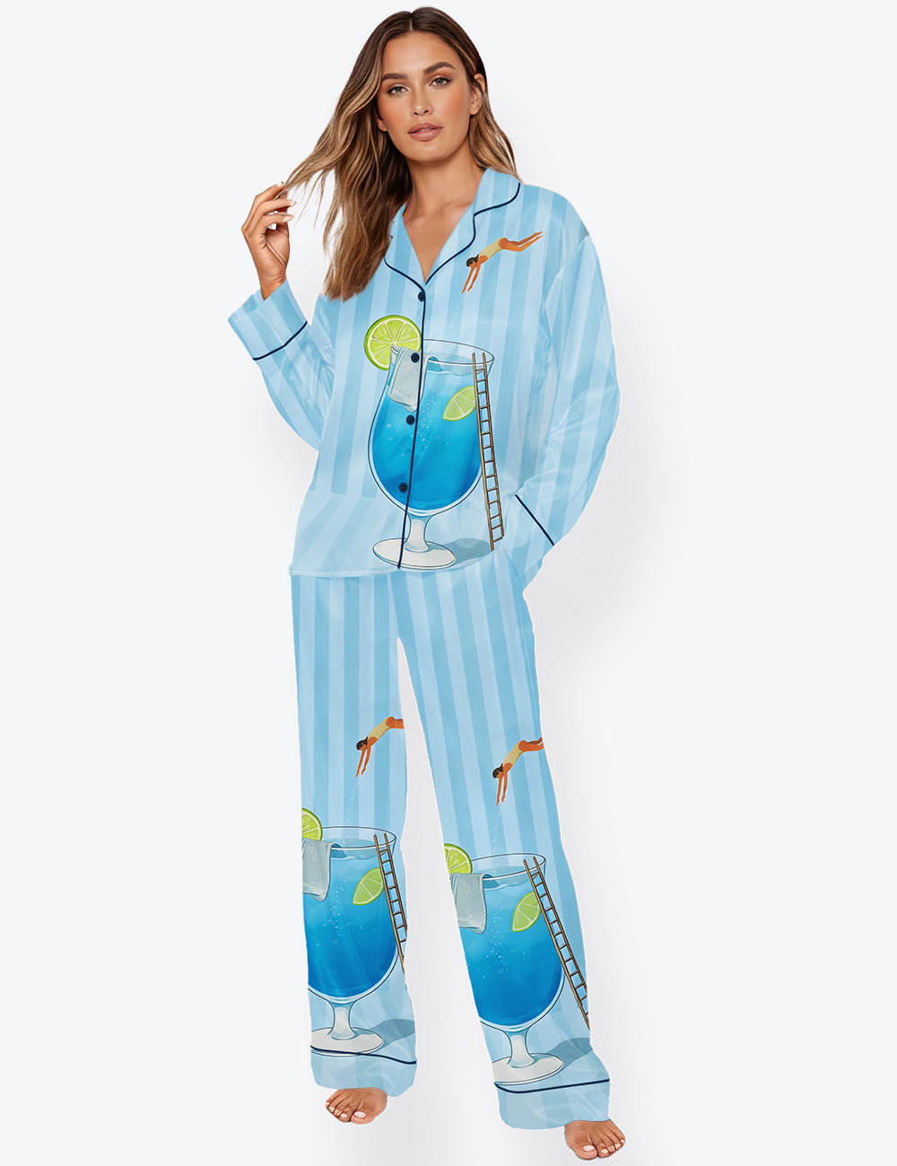 Women’s Martini Diver Modern Blue Lagoon Cocktail Blue Stripe Long Sleeve Satin Pajama Set