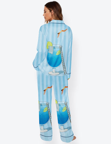 Women’s Martini Diver Modern Blue Lagoon Cocktail Blue Stripe Long Sleeve Satin Pajama Set