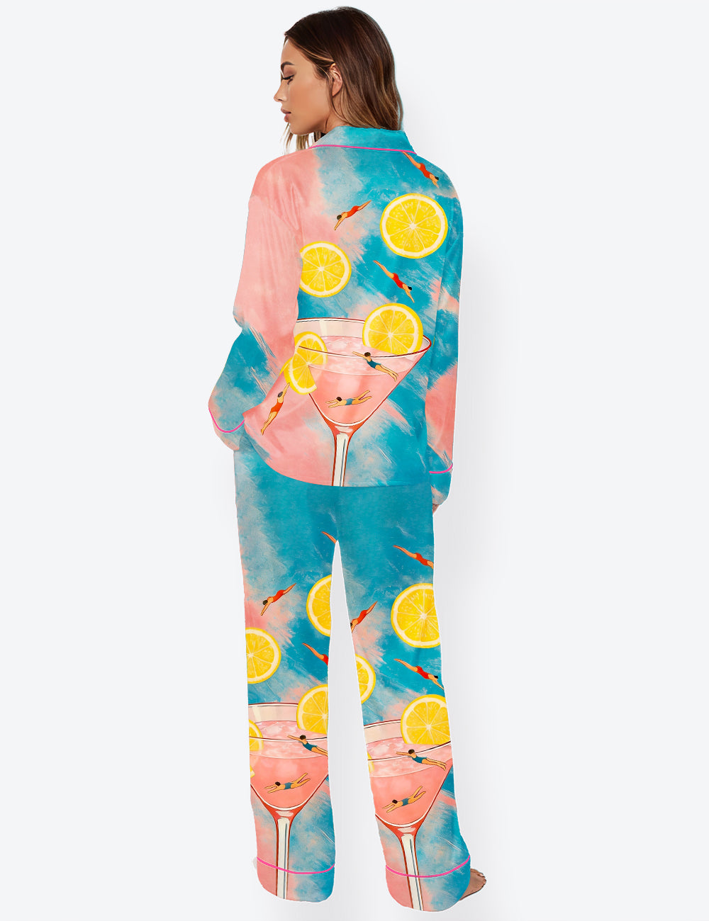 Women’s Swimmers In Cocktail Glass Martini Summer Lemon Long Sleeve Satin Pajama Set