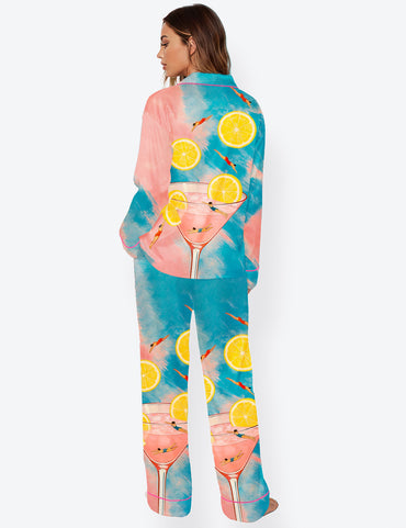 Women’s Swimmers In Cocktail Glass Martini Summer Lemon Long Sleeve Satin Pajama Set