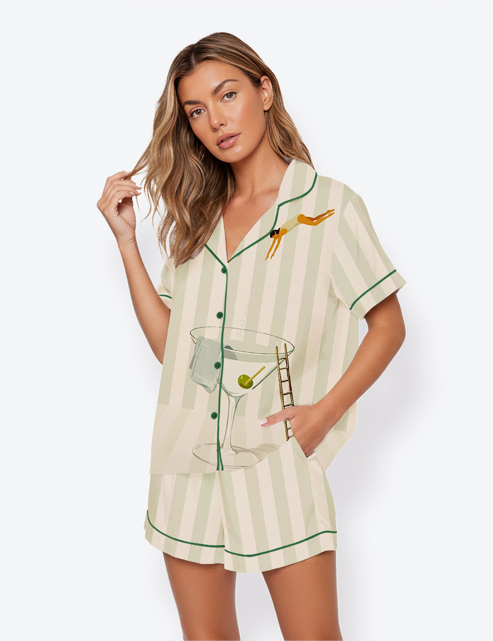 Women’s Martini Diver Modern Cocktail Short Sleeve Satin Pajama Set