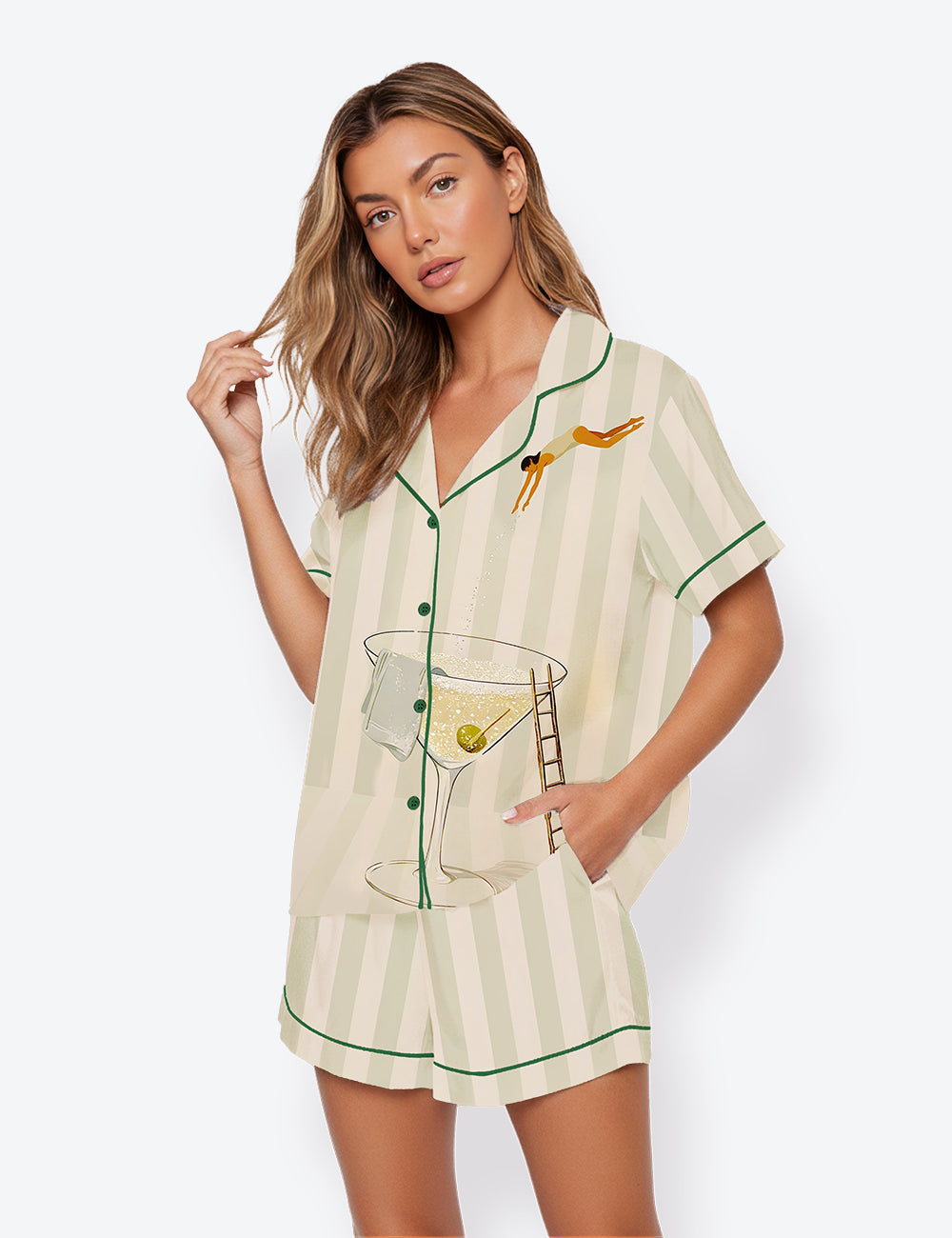 Women’s Martini Diver Modern Cocktail Short Sleeve Satin Pajama Set