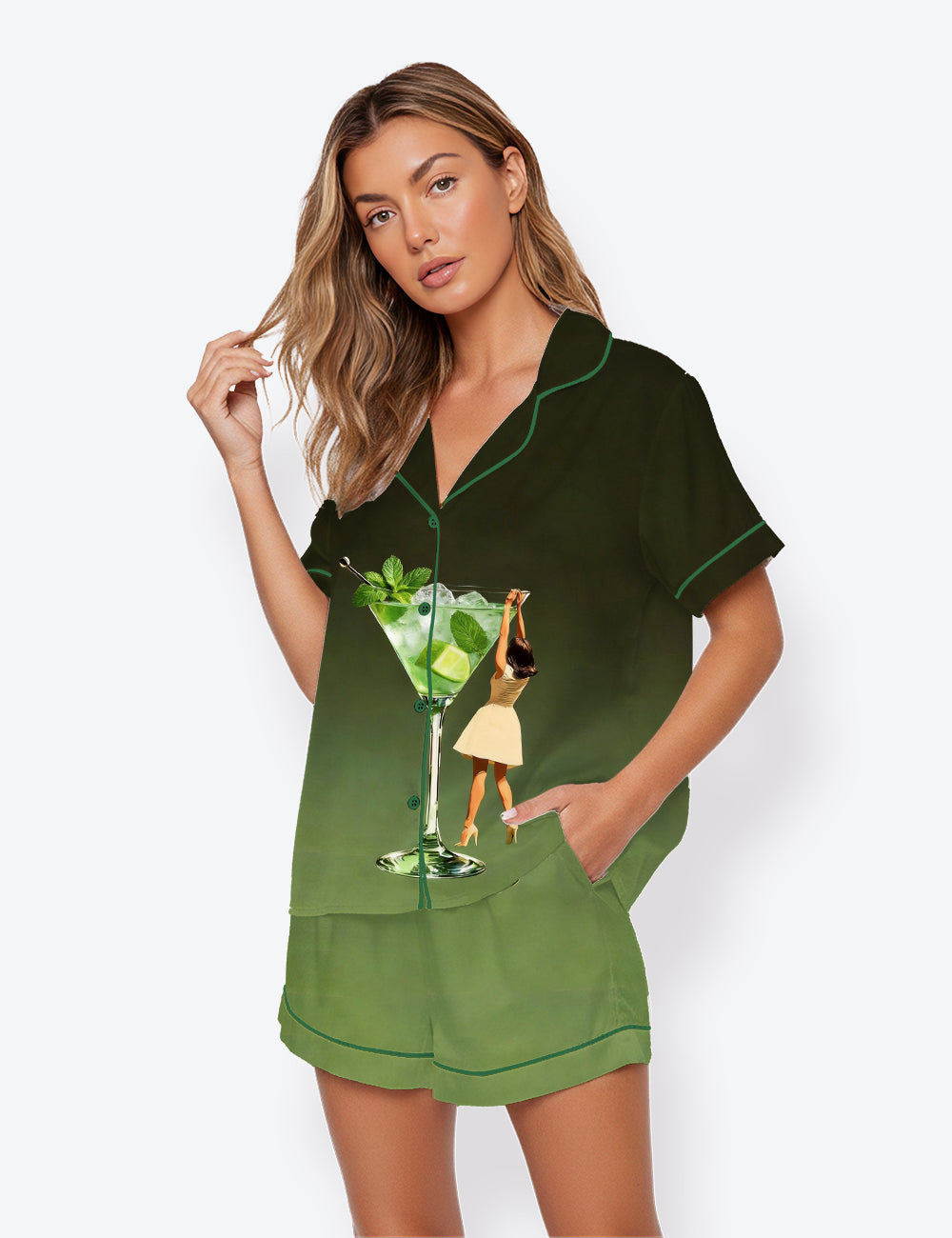 Women’s Mid Century Modern Dirty Martini Cocktail Short Sleeve Satin Pajama Set
