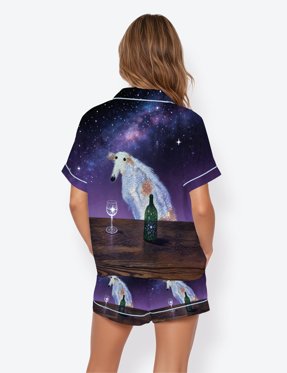 Women’s Borzoi Drinking Red Wine Martini Cocktail Short Sleeve Satin Pajama Set