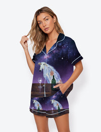 Women’s Borzoi Drinking Red Wine Martini Cocktail Short Sleeve Satin Pajama Set