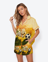Women’s A White Dog Chasing Soccer On The Grass 2026 Football Tournament Short Sleeve Satin Pajama Set