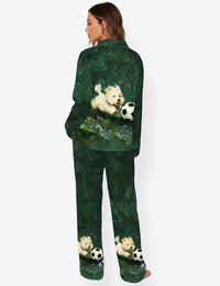 Women’s A White Dog Chasing Soccer On The Grass 2026 Football Tournament Long Sleeve Satin Pajama Set