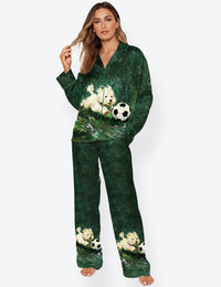 Women’s A White Dog Chasing Soccer On The Grass 2026 Football Tournament Long Sleeve Satin Pajama Set