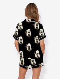 Women’s Halloween Ghost Cat Meh Coffee Spooky Short Sleeve Satin Pajama Set