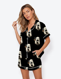 Women’s Halloween Ghost Cat Meh Coffee Spooky Short Sleeve Satin Pajama Set