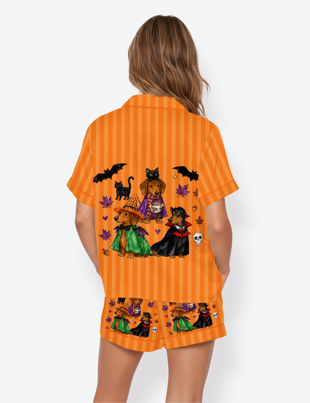 Women’s Halloween Dachshund Wiener Dog Spooky Season Short Sleeve Satin Pajama Set