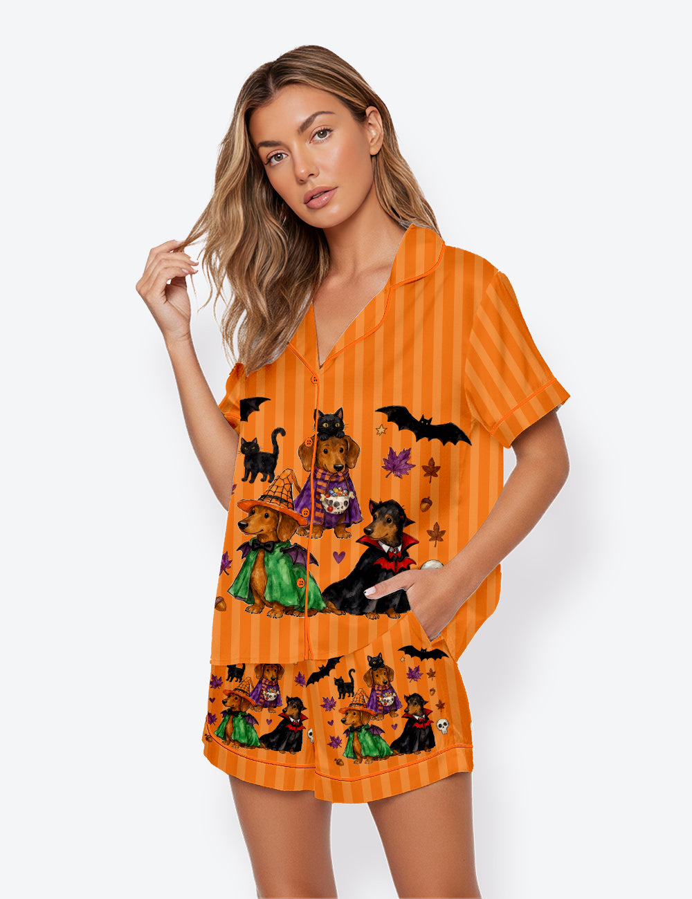 Women’s Halloween Dachshund Wiener Dog Spooky Season Short Sleeve Satin Pajama Set